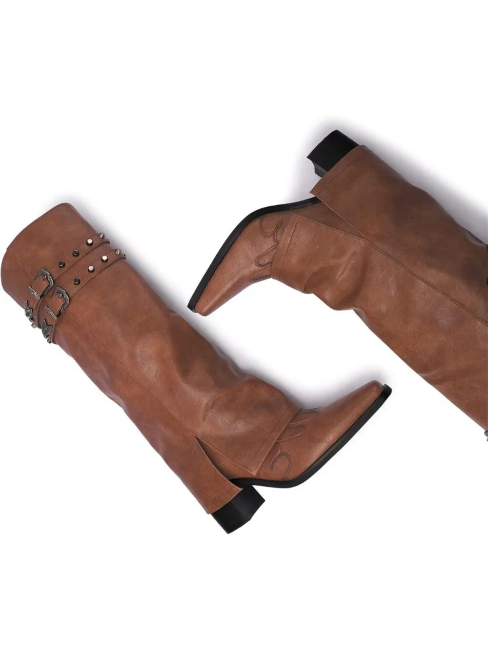 Women's Brown Pointed Toe Block Mid Heel Fold Over Wide Calf Knee High Boots